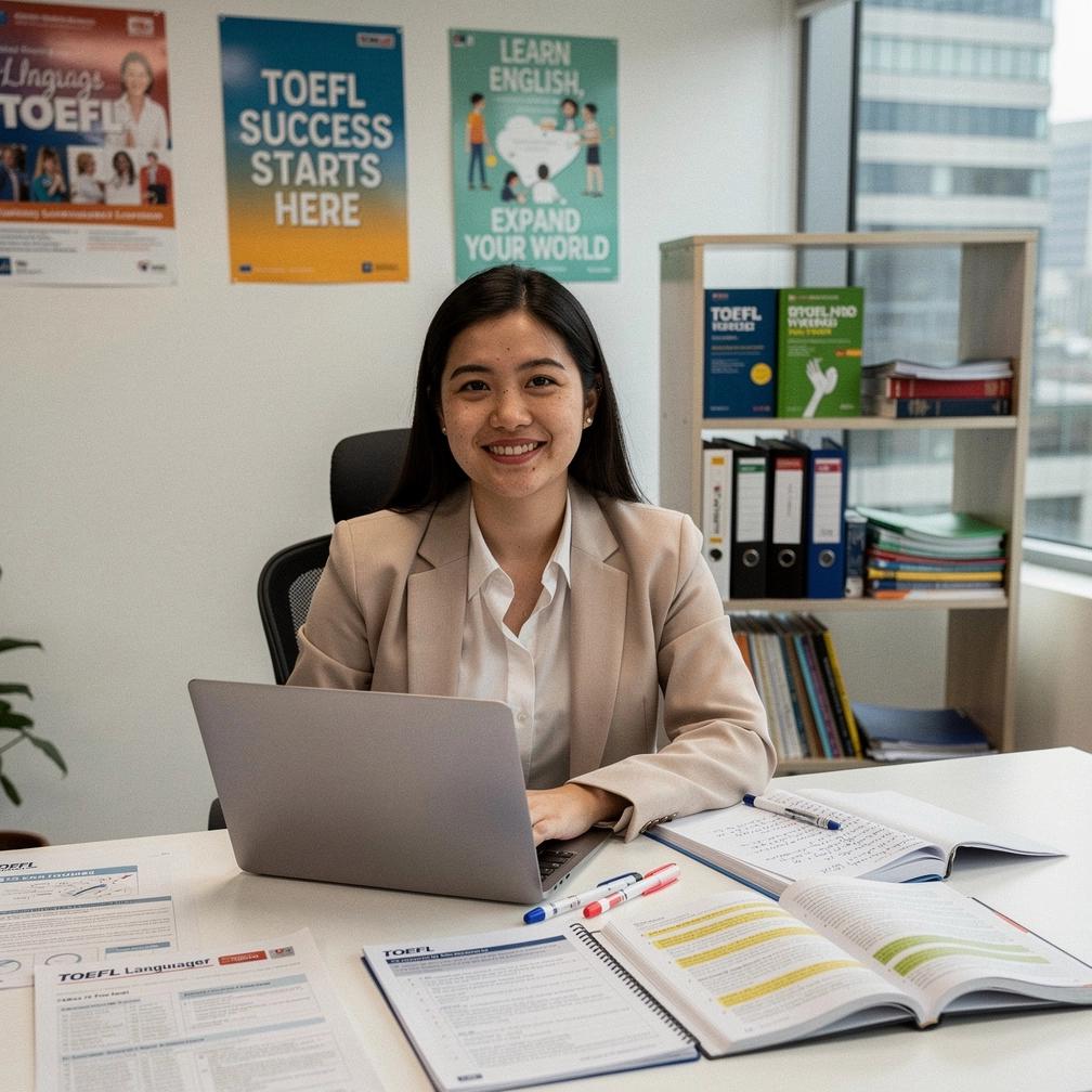 Teacher explaining TOEFL exam strategies in an online class setting